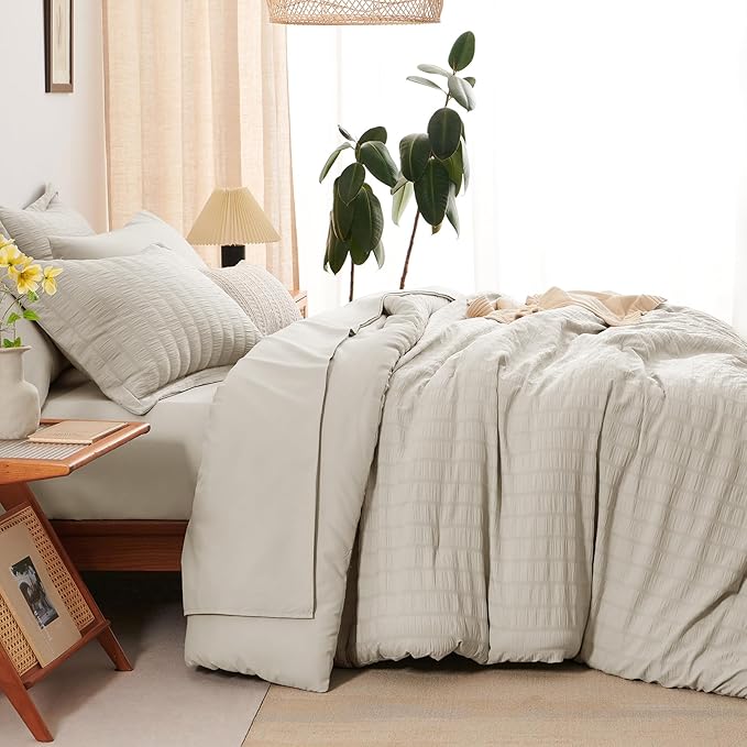 CozyLux Twin XL Comforter Set with Sheets Seersucker Beige 5 Pieces Bed in a Bag, Twin Extra Long Luxury Soft Bedding Sets for College Dorm with Down Alternative Comforter, Sheets, Pillowcases & Shams