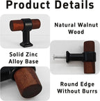 4Pcs 1.57” Walnut Wood Drawer Pulls, Single Hole Kitchen Cabinet Hardware Handles, Metal and Wooden Cabinet Knobs, T Bar Knob Pull Handles for Wardrobe, Dresser, Cupboard