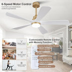 BOJUE 52 Inch Ceiling Fans with Lights and Remote Control, White Gold Ceiling Fan with Light for Bedroom, Noiseless DC Motor, Dimmable Led 5 Solid Wood Blades
