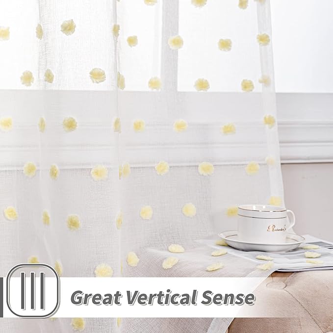 MYSKY HOME 120 Inch Long Living Room Curtains for Windows Sliding Door Yellow Pom Pom Curtains for Bedroom Set of 2 Sheer Curtains Farmhouse Rod Pocket Parties Backdrops 52" x 120"