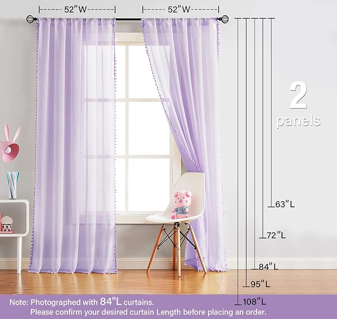 Treatmentex Pompom Sheer Curtains for Living Room 72" Lilac Window Drapes Lavender Voile Curtain for Girls' Room 2panels Rod Pocket