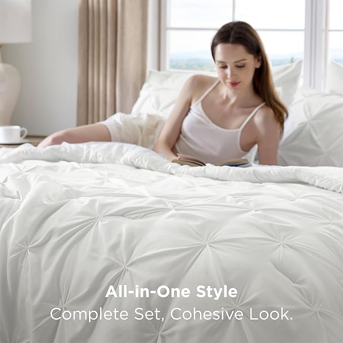 Bedsure King Size Comforter Set White - Bed in a Bag Bedding Set 7 Pieces, GentleSoft™ Pintuck Bed Set Gift for Family, Pinch Pleat White Comforter with Sheets, Pillowcases & Shams