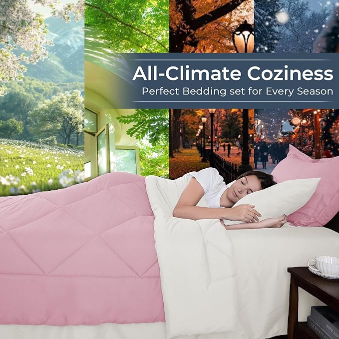 HEVUMYI Twin Comforter Set - 5-Piece All Season Bed in a Bag Twin, Ultra Soft Bedding Set with Comforter, Flat Sheet, Fitted Sheet, Pillowcases, Pillow Shams, Pink & Ivory