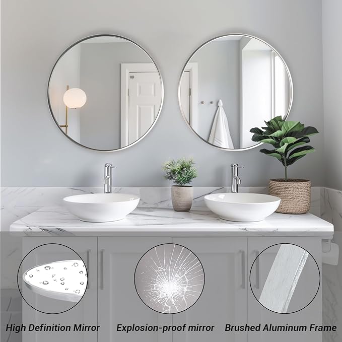 Silver Circle Mirror, Round Mirror 20 inch, Round Wall Mirrors with Aluminum Frame, Circle Mirrors for Living Room, Bathroom, Wall, Hallway.