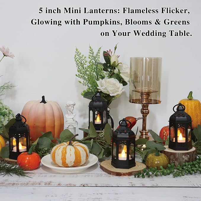 LLQ 8Pcs Mini Lanterns for Centerpiece, Ramadan Decorations, Battery Included, Decorative Candle Lanterns for Indoor, Small Vintage Lantern for Halloween Christmas Wedding Table Decor, Black