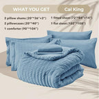 HYMOKEGE Mineral Blue California King Comforter Set Seersucker 7 Pieces, All Season Luxury Bed in a Bag for Bedroom, Bedding Set with Comforter, Sheets, Pillowcases & Shams
