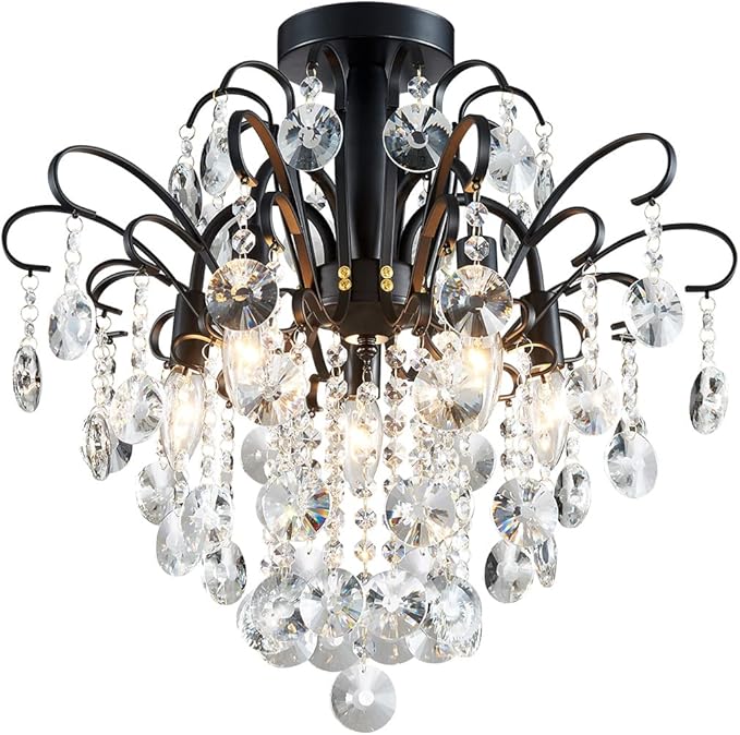 WUZUPS Crystal Chandelier Flushmount Ceiling Light Modern Lighting Fixture for Bedroom Hallway Bar Kitchen Bathroom, H 17.5'' x W 19.3'', E12 Base, Black