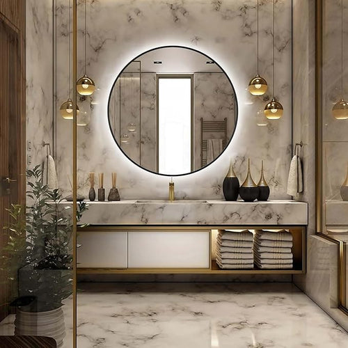 26" Round LED Bathroom Mirror, Wall Mounted Backlit Vanity Mirror with 45° Beveled Frame Lighted Mirror for Bedroom, Fog Free 3-Color Dimmable Lights Memory Function, Black