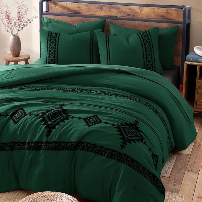 MaiRêve Embroidery King Size Comforter Set Emerald Green, Boho Farmhouse Western Bedding Set 7 Pieces, All Season Bed in A Bag Comforter Set with Sheets, Pillowcases & Shams