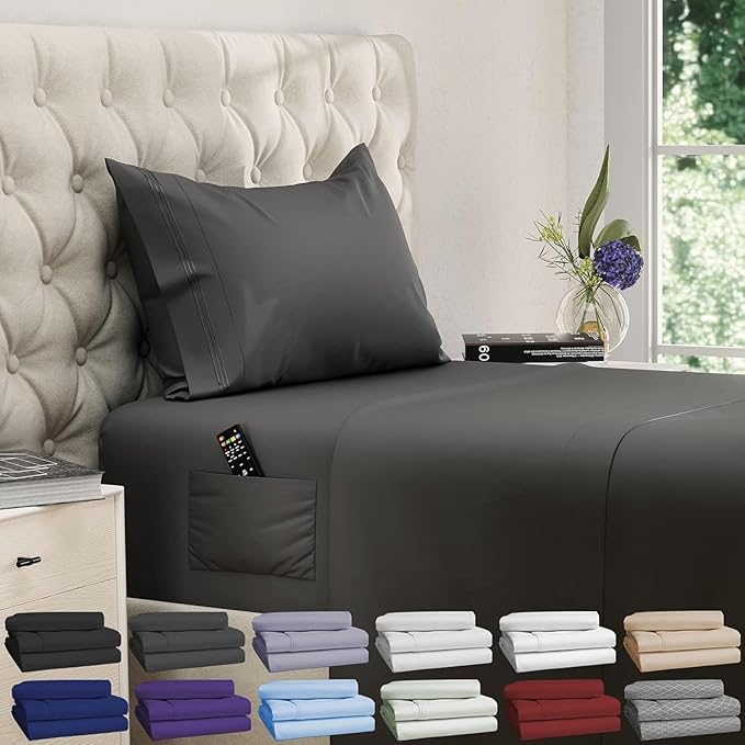 DREAMCARE Twin Sheets Set – 3pcs Cooling Sheets – up to 15” Deep Pocket Twin Sheet Set – Hotel Luxury Sheets & Pillowcases – Superior Softness 100% Fine Microfiber with Side Pocket – Gray