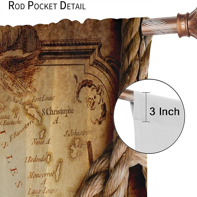 Pirate Map Curtains, Nautical Theme Old Ancient Treasure Map Secret Sea History Pattern Blackout Window Drapes for Kids Boys Bedroom Living Room 55x63in