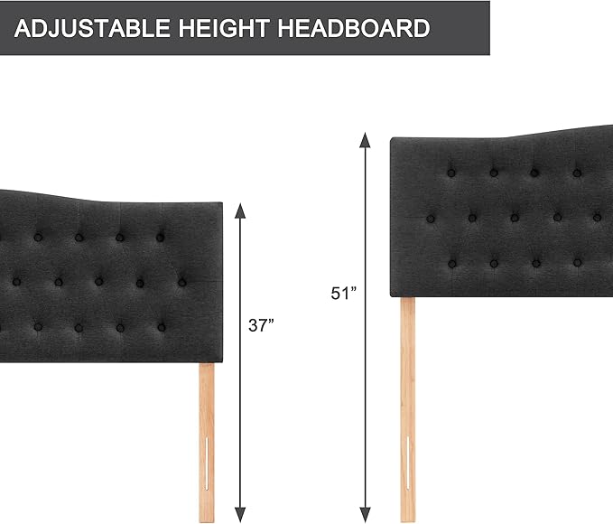 Tufted Upholstered Headboard King Size, Sturdy and Durable Solid Wood Bed headboard, Fabric Headboard Adjustable Height from 37” to 51”, Modern Button Diamond Design Head Board, Black