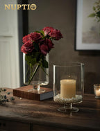 Nuptio 2 Pcs Glass Flower Vase - Large Pillar Candle Holder, 8.7in Tall Glass Cylinder Candle Holder Hurricane Ornament for Wedding Party Dining Table Home Centerpieces Housewarming Gift