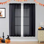 OVZME Voile Sheer Window Privacy Curtains, Rod Pocket Elegant Airy Sheer Curtains Drapes for Living Room/Bedroom, Black, W42 x L63, 2 Panels