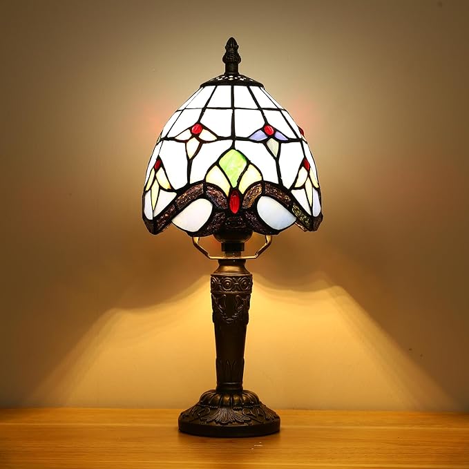 Tiffany Small Lamp Blue Baroque Stained Glass Table Lamp 3 Way Color-Temparetures Bedside Nightstand Table Lamps for Bedroom Living Room Home Office Desk Light W/LED Bulb 6X6X12.5Inch