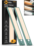 Gritin 10.2inch Under Cabinet Lighting Rechargeable -84 LED Super Bright,3-Color& 5 Level Brightness,4 Modes,Motion Sensor, Long Lasting- Easy Installation Magnetic Closet Lights -2 Pack-Green