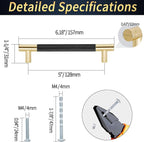Knurled Cabinet Pulls 2 Pack, 6 Inch Long Cabinet Handles Metal Door Pulls, Kitchen Drawer Pull Knurled Dresser Handles - 5" Hole to Hole, Black & Gold