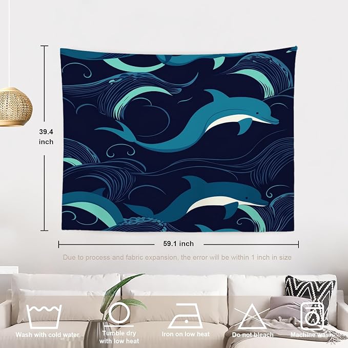 Batmerry Ocean Sea Waves Tapestry, Dolphin Nautical Wall Art Hanging Decoration Polyester Fiber White Ruffled Around for Dorm Room Bedroom Living Room, 39.1x59.1 inches
