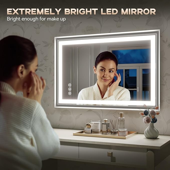 LED Bathroom Mirror, 24“x36“ Lighted Bathroom Mirror with Metal Framed, Extremely Bright LED Mirror for Bathroom, 3 Colors Dimmable, Anti-Fog, Memory, Wall Mounted Lighted Vanity Mirror