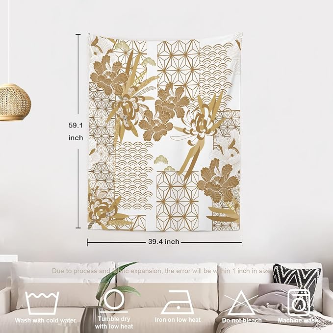 Batmerry Gold Japanese Floral Tapestry,Spring Wall Art Hanging Decoration Polyester Fiber White Ruffled Around for Dorm Room Bedroom Living Room, 59.1x39.4 inches
