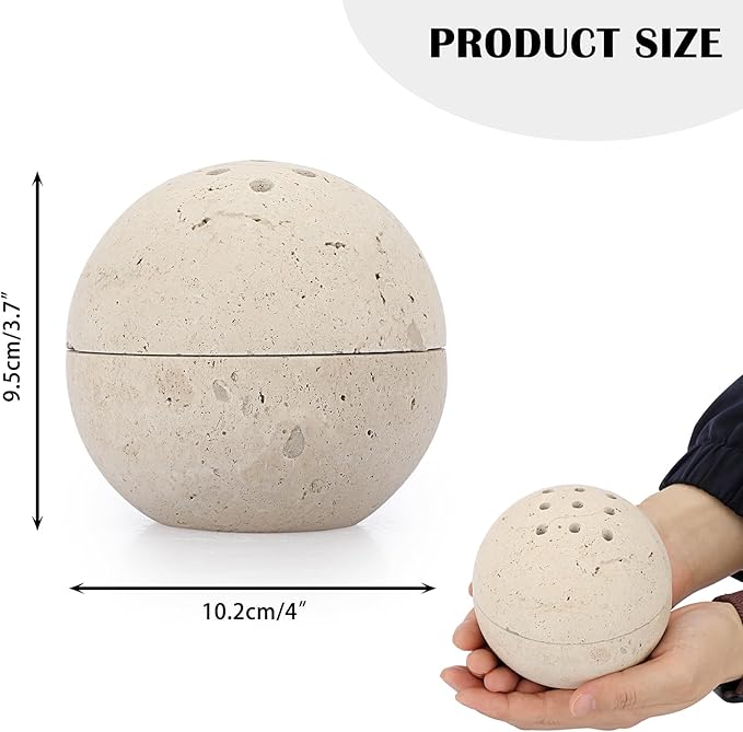 ELLDOO Natural Travertine Incense Cone Holder, Home Decor Handmade Ball Shape Incense Burner for Yoga Meditation SPA Reading, Beige
