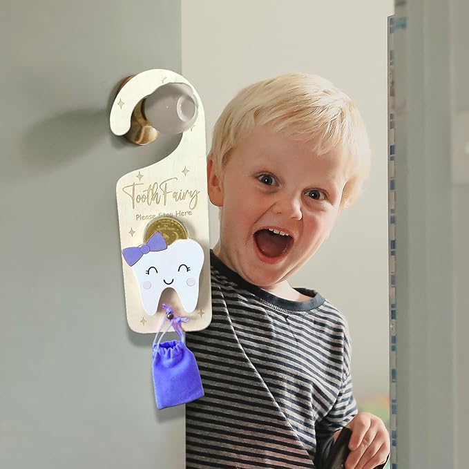 Tooth Fairy Door Hanger, Wooden Tooth Fairy Money Holder with Tooth Coins for Lost Tooth Kids Gifts (Purple)