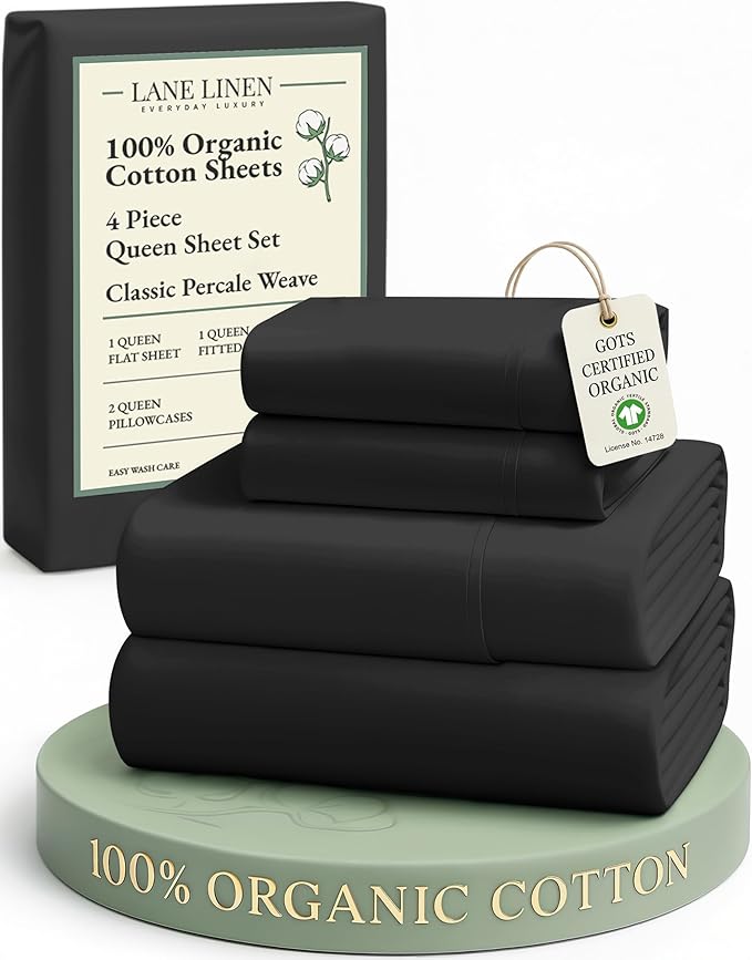 LANE LINEN 100% Organic Cotton Queen Size Sheets Set, Machine Wash Fully Elasticized Naturally Cooling Percale Weave Queen Size Deep Pocket Sheet Sets, Low Pill Eco Friendly Bed Sheets- Black