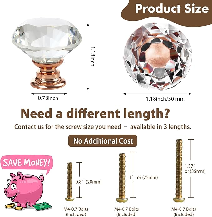 26 pcs Crystal Rose Gold Glass Drawer Pulls 30 mm Decorative Knobs for Kitchen Bathroom Cabinet, Dresser and Cupboard by DeElf