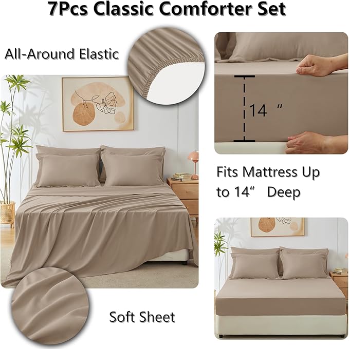 CozyLux King Size Comforter Set Khaki - 7 Pieces Bed in a Bag King, Luxury Soft Bed Set for All Seasons, Bedding Set with Down Alternative Comforter, Sheets, Pillowcases & Shams