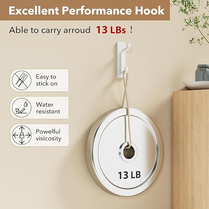 pickpiff Wall Hooks for Coat and Towel: 13LB Adhesive Door Hanger Stick on, White 6 Pack