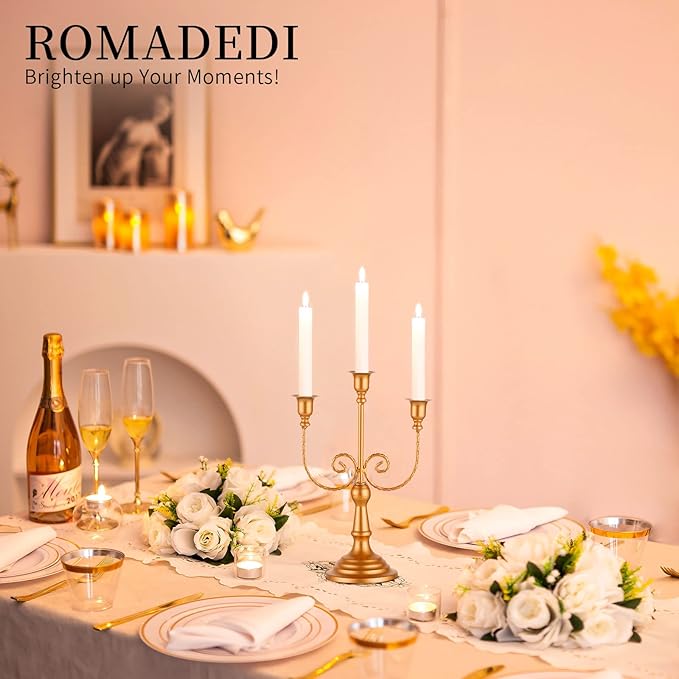 Romadedi Candelabra Gold Candle Holders - 3 Arm 11.8" Wedding Candlestick Holder for Theme Party Table Centerpiece Decor Dining Room Birthday Holiday Christmas, Set of 2