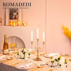 Romadedi Candelabra Gold Candle Holders - 3 Arm 11.8" Wedding Candlestick Holder for Theme Party Table Centerpiece Decor Dining Room Birthday Holiday Christmas, Set of 6
