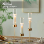 Glasseam Tapered Gold Candlestick Holders: 6 Pcs Tall Brass Taper Candle Holder with Ribbed Glass Cylinder - Hurricane Fluted Candle Holders for Table Centerpiece Wedding Party Christmas Decorations