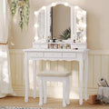 Tiptiper Vanity Table Set with Lighted Tri-Folding Mirror, Makeup Vanity with Lights & 3 Color Lighting Modes, Vanity Desk with Mirror and Cushioned Stool, Makeup Table with 5 Drawers, White
