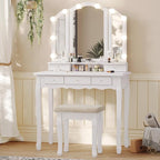 Tiptiper Vanity Table Set with Lighted Tri-Folding Mirror, Makeup Vanity with Lights & 3 Color Lighting Modes, Vanity Desk with Mirror and Cushioned Stool, Makeup Table with 5 Drawers, White