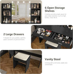 usikey Vanity Desk with Mirror and Lights, Vanity Makeup Table Set with 2 Drawers & 6 Open Shelves, Makeup Vanity Desk Dressing Table with Cushioned Stool, Black
