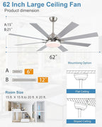 62 Inch Ceiling Fans with Lights,Large Modern Ceiling fan with Remote and 8 Wooden Blades,Dimmable,6 Speeds,Noiseless Reversible Indoor&Outdoor Fan for Bedroom,Patio,Living Room