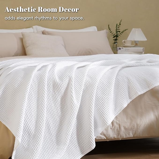 PHF 100% Cotton Waffle Weave Throw Blanket 50" x 60"-Lightweight Cozy Washed Soft Breathable Throw Blanket for Adults and Kids-Great Blanket Layer for Couch Bed Sofa-Elegant Home Decoration- White