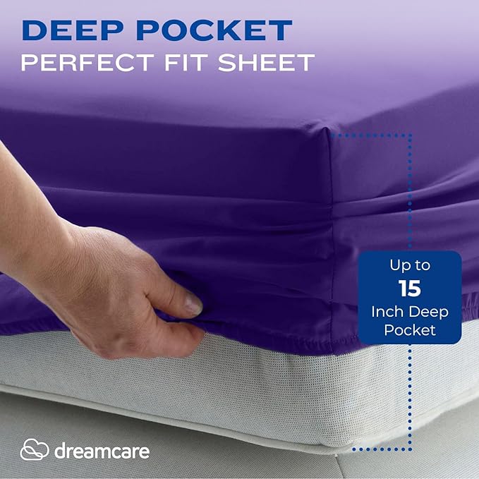 DREAMCARE Queen Size Sheets - Cooling Bed Sheets - 4pcs Set - up to 15" Deep Pocket Queen Sheet Set - Sheets Queen Size Bed - Soft & Long Lasting 100% Fine Brushed Polyester with Side Pocket -Purple