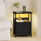Fixwal Nightstand Set of 2 Night Stand with Charging Station, LED Nightstand with Fabric Drawers, End Table with PU Finish, Bed Side Table, Black