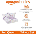 Amazon Basics Microfiber Kids' Bed-in-a-Bag 7-Piece Bedding Sheet and Comforter Set, Full/Queen, Unicorn Print