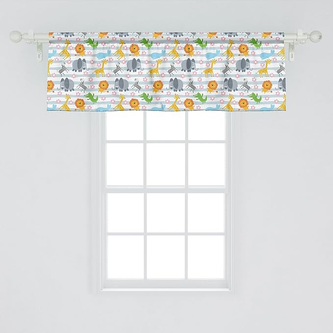 Ambesonne Savannah Window Valance, Friendly Zoo Animals with Happy Faces Cartoon Characters on Stripes Print, Curtain Valance for Kitchen Bedroom Decor with Rod Pocket, 42" x 18", Pale Azure Blue