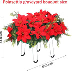 Christmas Cemetery Decorations for Grave Headstone Flower Saddle Artificial Flower Saddles Red Poinsettia Outdoor Memorial Headstone Realistic Bouquet(Red,Classic Style)