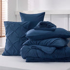 Bedsure Queen Comforter Set Navy - Bed in a Bag Queen Size Bedding 7 Pieces, GentleSoft™ Pintuck Bed Set Gift for Family, Pinch Pleat All Season Comforter with Sheets, Pillowcases & Shams