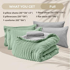 HYMOKEGE Sage Green/Light Grey Full Size Comforter Sets Seersucker 7 Pieces, All Season Luxury Bed in a Bag for Bedroom, Bedding Set with Comforter, Sheets, Pillowcases & Shams