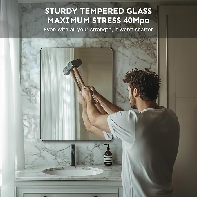 Kosmonia 20x16 Bathroom Vanity Mirror for Wall, Aluminum Framed, Farmhouse Rectangle, Anti-Rust, HD Reflection Anti-Desilvering, Distortion Free, Tempered and Shatter-Proof Wall Mounted Mirror, Black