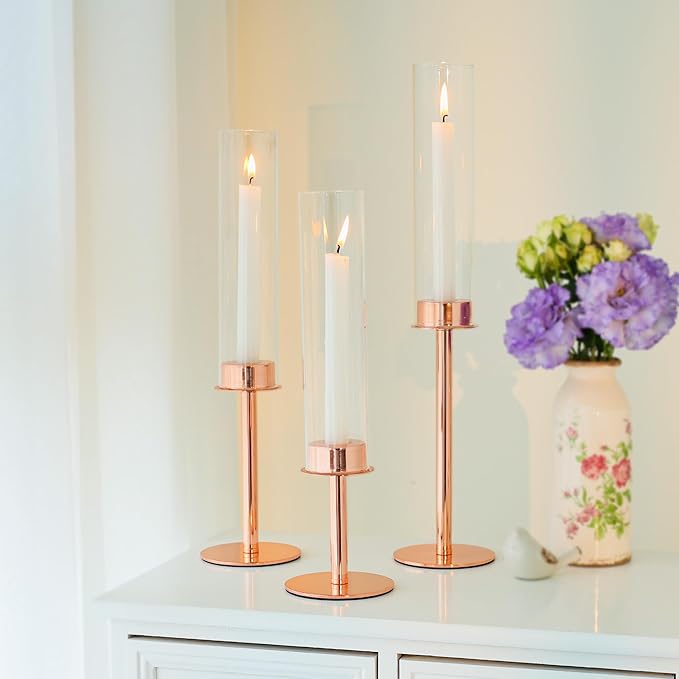 Hurricane Candle Holders Set of 3 Metal Candlestick Holder for Glass Taper Tall Candle Holders with Crystal Chimney Tube Candles Stands for Home Decor, Christmas, Dinning (3, Rose Gold)