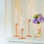 Hurricane Candle Holders Set of 3 Metal Candlestick Holder for Glass Taper Tall Candle Holders with Crystal Chimney Tube Candles Stands for Home Decor, Christmas, Dinning (3, Rose Gold)