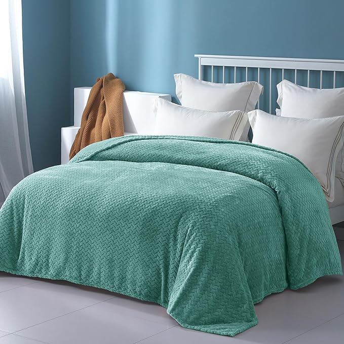 Exclusivo Mezcla Fleece King Size Blanket for Bed, 90x104 Inches Soft Cozy Jacquard Flannel Blankets, Lightweight Fuzzy Plush Warm for Winter, Celadon