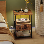 Fixwal Night Stand with Charging Station, LED Nightstand with Fabric Drawers, End Table with PU Finish, Bedside Table, Rustic Brown